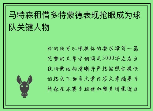 马特森租借多特蒙德表现抢眼成为球队关键人物